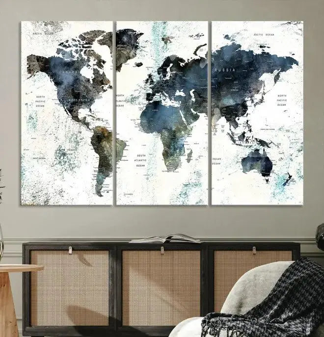 Modern World Map Canvas Print – Contemporary Triptych Wall Art – Blue and White Global Map Decor – Ready to Hang for Home or Office