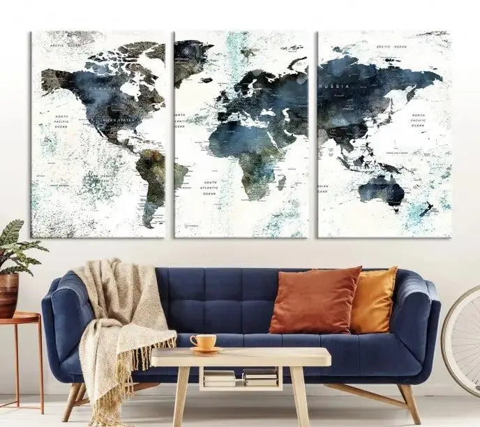 Modern World Map Canvas Print – Contemporary Triptych Wall Art – Blue and White Global Map Decor – Ready to Hang for Home or Office
