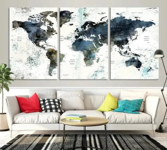 Modern World Map Canvas Print – Contemporary Triptych Wall Art – Blue and White Global Map Decor – Ready to Hang for Home or Office