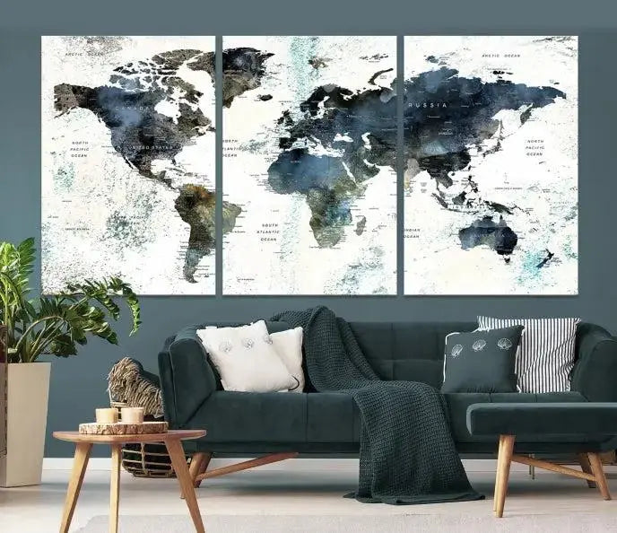 Modern World Map Canvas Print – Contemporary Triptych Wall Art – Blue and White Global Map Decor – Ready to Hang for Home or Office