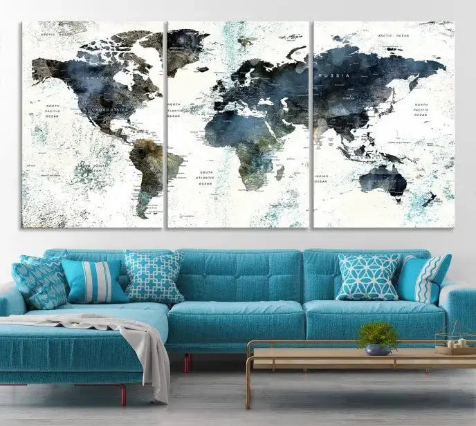 Modern World Map Canvas Print – Contemporary Triptych Wall Art – Blue and White Global Map Decor – Ready to Hang for Home or Office