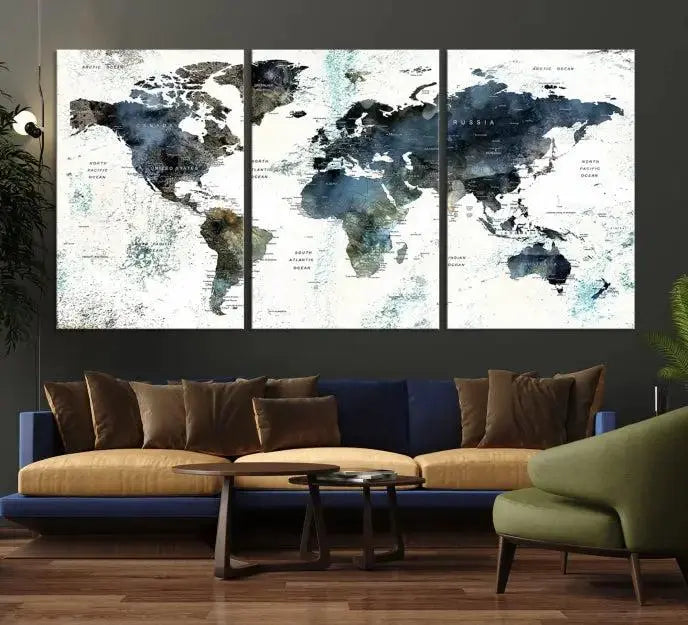 Modern World Map Canvas Print – Contemporary Triptych Wall Art – Blue and White Global Map Decor – Ready to Hang for Home or Office