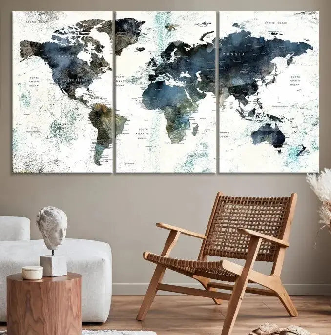 Modern World Map Canvas Print – Contemporary Triptych Wall Art – Blue and White Global Map Decor – Ready to Hang for Home or Office