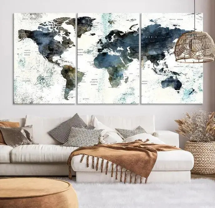 Modern World Map Canvas Print – Contemporary Triptych Wall Art – Blue and White Global Map Decor – Ready to Hang for Home or Office