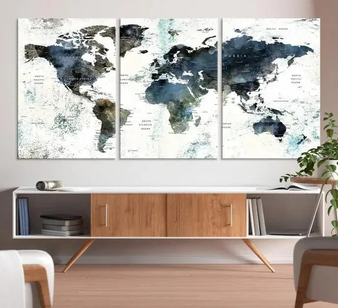 Modern World Map Canvas Print – Contemporary Triptych Wall Art – Blue and White Global Map Decor – Ready to Hang for Home or Office