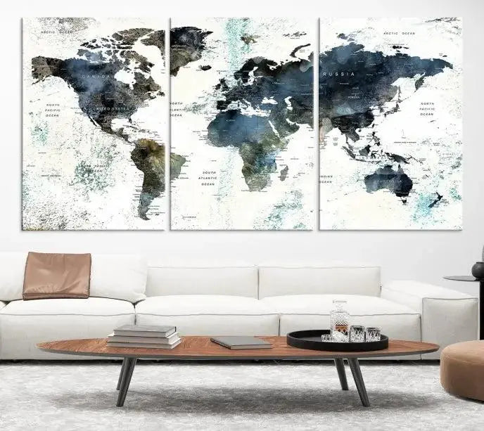 Modern World Map Canvas Print – Contemporary Triptych Wall Art – Blue and White Global Map Decor – Ready to Hang for Home or Office