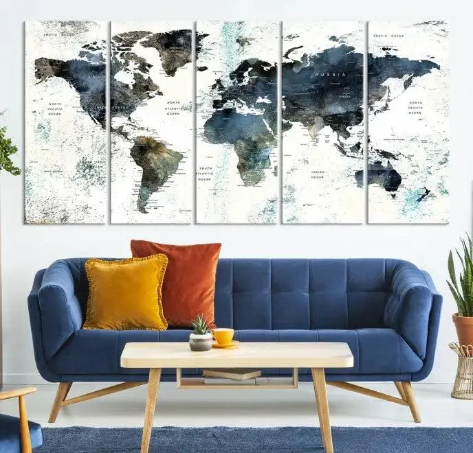 Modern World Map Canvas Print – Contemporary Triptych Wall Art – Blue and White Global Map Decor – Ready to Hang for Home or Office