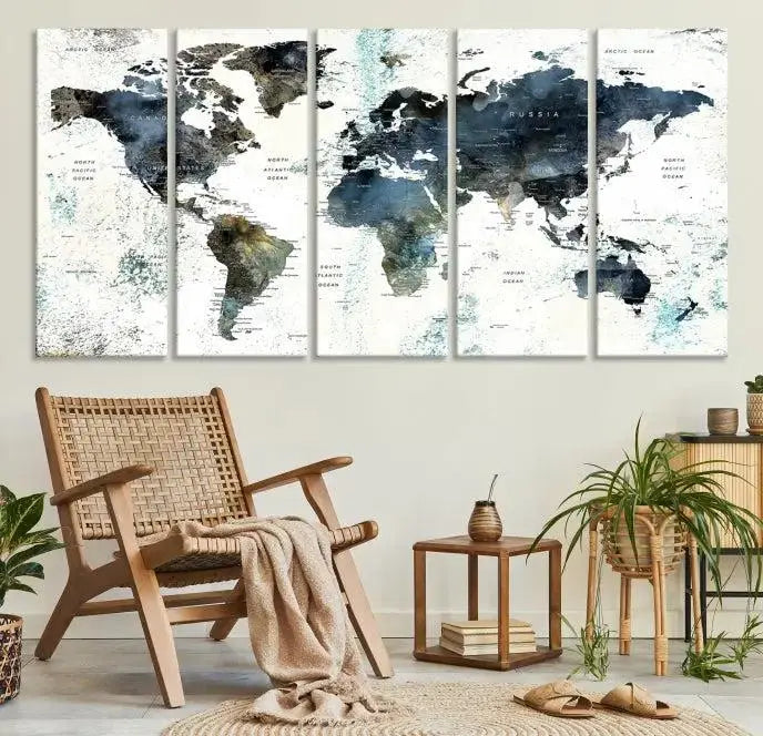 Modern World Map Canvas Print – Contemporary Triptych Wall Art – Blue and White Global Map Decor – Ready to Hang for Home or Office