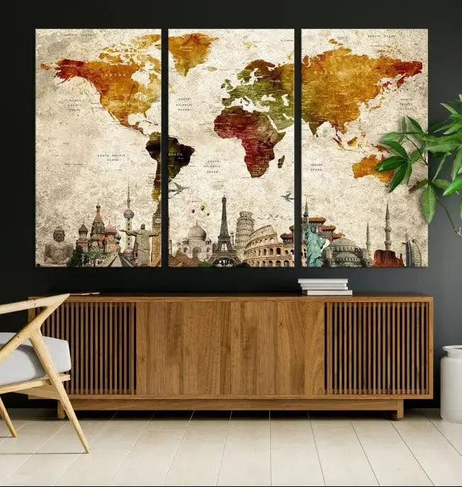 The wall is adorned with a gallery of Modern World Map Wall Art Canvas Prints, wrapped on museum-quality canvas showcasing iconic landmarks. This piece is finished with a UV-protective coating to ensure lasting brilliance.