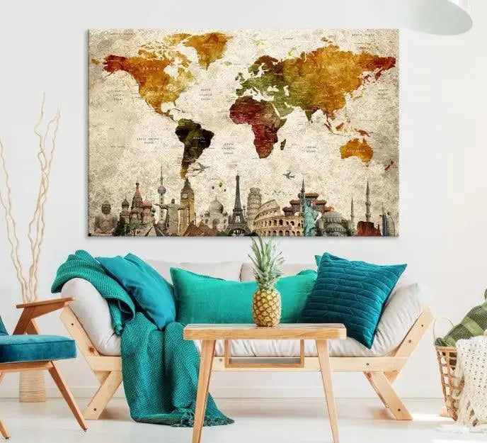 The wall is adorned with a gallery of Modern World Map Wall Art Canvas Prints, wrapped on museum-quality canvas showcasing iconic landmarks. This piece is finished with a UV-protective coating to ensure lasting brilliance.