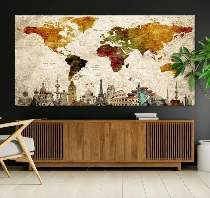 The wall is adorned with a gallery of Modern World Map Wall Art Canvas Prints, wrapped on museum-quality canvas showcasing iconic landmarks. This piece is finished with a UV-protective coating to ensure lasting brilliance.