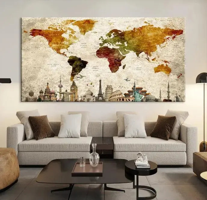 The wall is adorned with a gallery of Modern World Map Wall Art Canvas Prints, wrapped on museum-quality canvas showcasing iconic landmarks. This piece is finished with a UV-protective coating to ensure lasting brilliance.