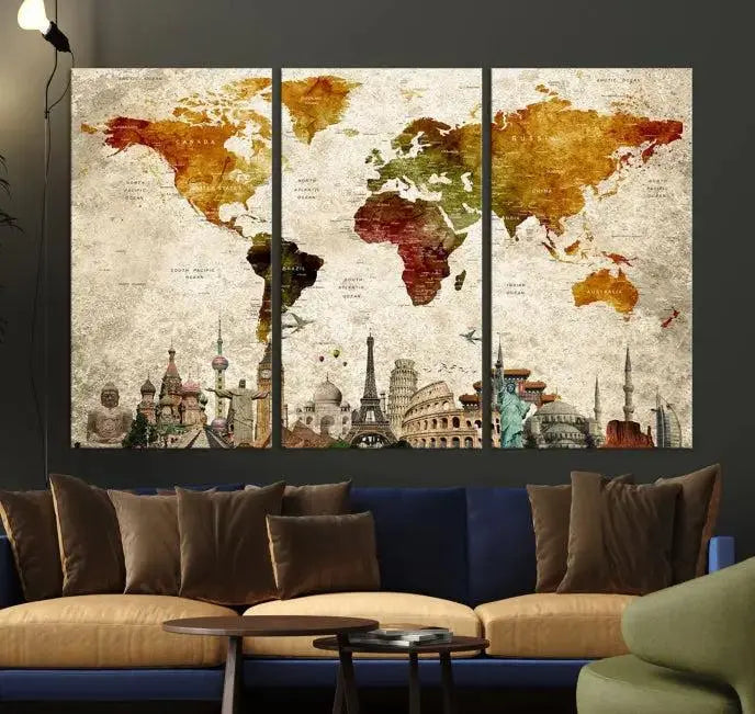 The wall is adorned with a gallery of Modern World Map Wall Art Canvas Prints, wrapped on museum-quality canvas showcasing iconic landmarks. This piece is finished with a UV-protective coating to ensure lasting brilliance.