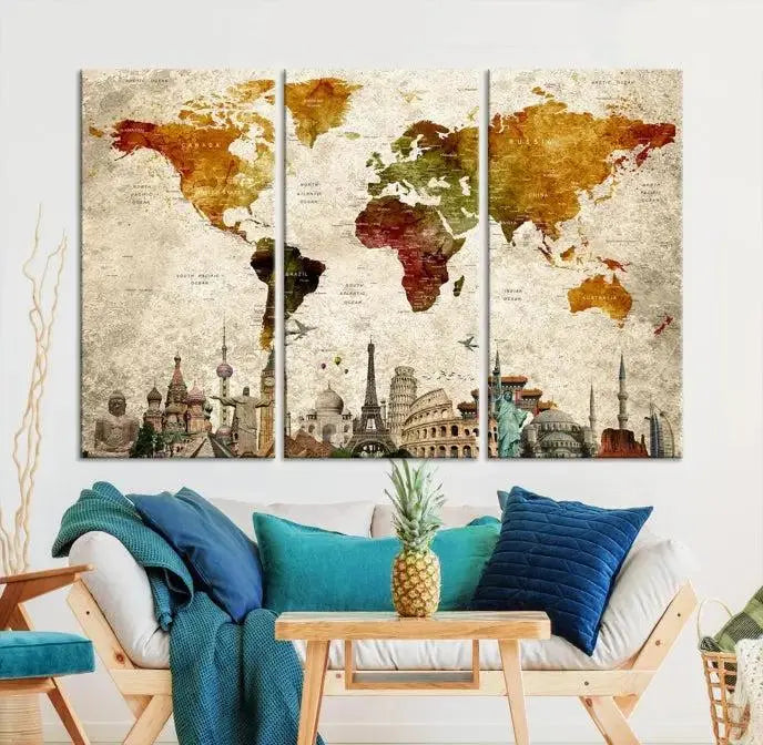 The wall is adorned with a gallery of Modern World Map Wall Art Canvas Prints, wrapped on museum-quality canvas showcasing iconic landmarks. This piece is finished with a UV-protective coating to ensure lasting brilliance.