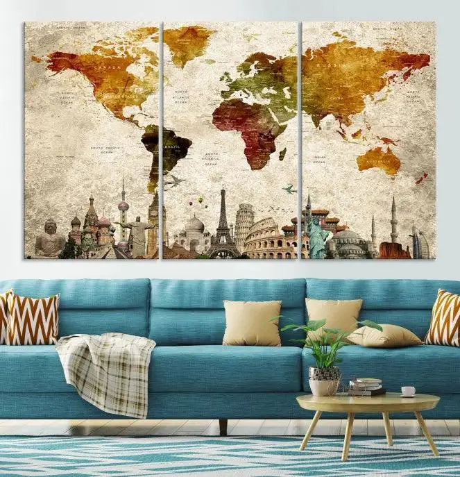 The wall is adorned with a gallery of Modern World Map Wall Art Canvas Prints, wrapped on museum-quality canvas showcasing iconic landmarks. This piece is finished with a UV-protective coating to ensure lasting brilliance.