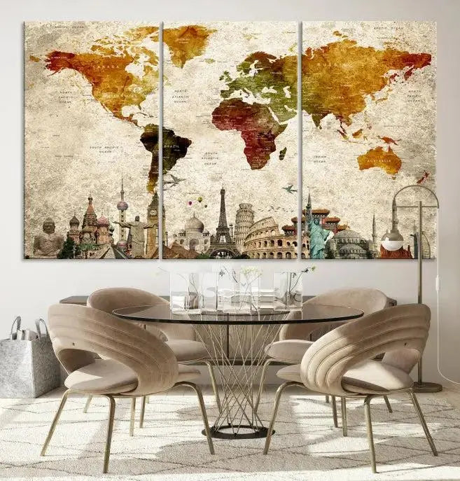 The wall is adorned with a gallery of Modern World Map Wall Art Canvas Prints, wrapped on museum-quality canvas showcasing iconic landmarks. This piece is finished with a UV-protective coating to ensure lasting brilliance.