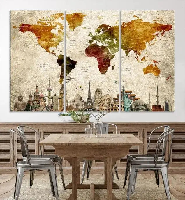 The wall is adorned with a gallery of Modern World Map Wall Art Canvas Prints, wrapped on museum-quality canvas showcasing iconic landmarks. This piece is finished with a UV-protective coating to ensure lasting brilliance.