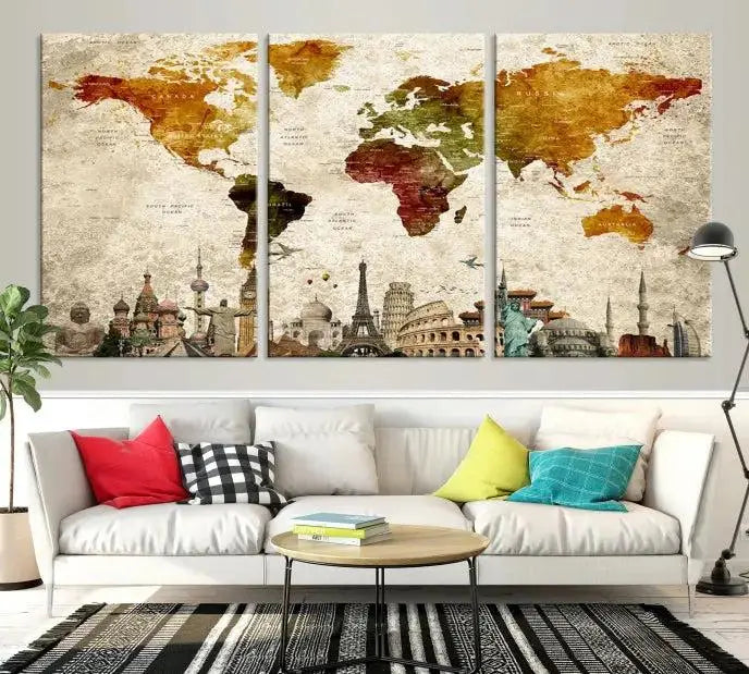 The wall is adorned with a gallery of Modern World Map Wall Art Canvas Prints, wrapped on museum-quality canvas showcasing iconic landmarks. This piece is finished with a UV-protective coating to ensure lasting brilliance.