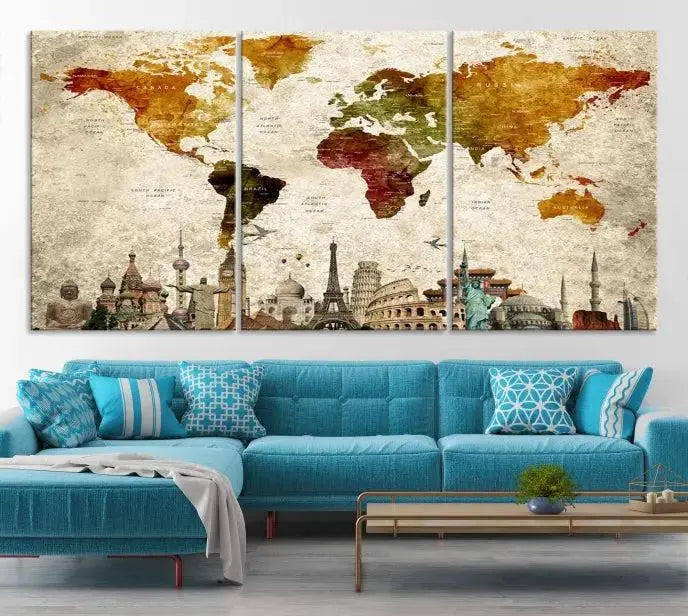 The wall is adorned with a gallery of Modern World Map Wall Art Canvas Prints, wrapped on museum-quality canvas showcasing iconic landmarks. This piece is finished with a UV-protective coating to ensure lasting brilliance.