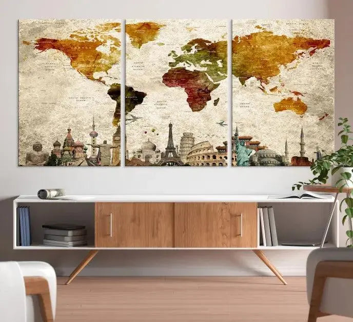 The wall is adorned with a gallery of Modern World Map Wall Art Canvas Prints, wrapped on museum-quality canvas showcasing iconic landmarks. This piece is finished with a UV-protective coating to ensure lasting brilliance.