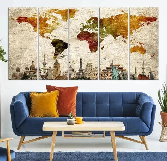 The wall is adorned with a gallery of Modern World Map Wall Art Canvas Prints, wrapped on museum-quality canvas showcasing iconic landmarks. This piece is finished with a UV-protective coating to ensure lasting brilliance.