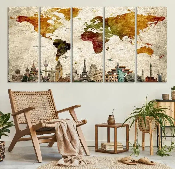 The wall is adorned with a gallery of Modern World Map Wall Art Canvas Prints, wrapped on museum-quality canvas showcasing iconic landmarks. This piece is finished with a UV-protective coating to ensure lasting brilliance.