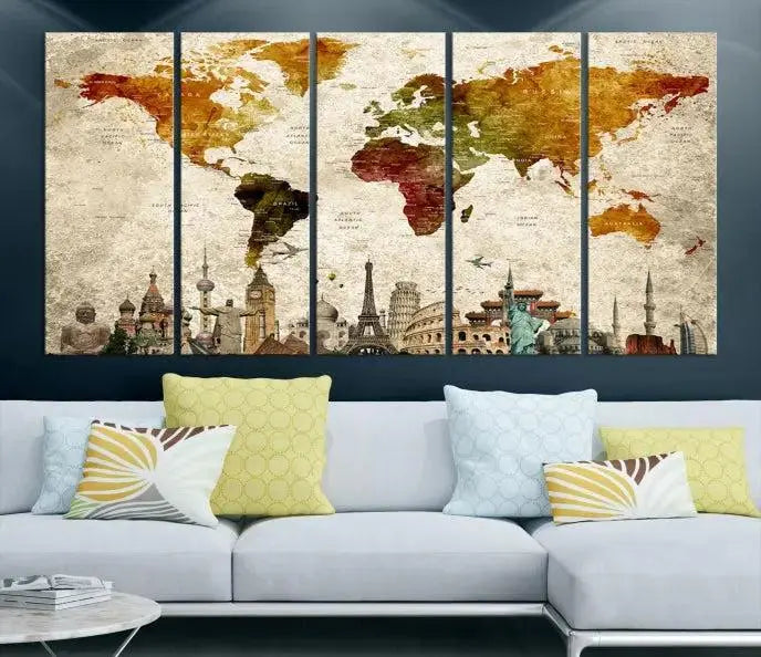 The wall is adorned with a gallery of Modern World Map Wall Art Canvas Prints, wrapped on museum-quality canvas showcasing iconic landmarks. This piece is finished with a UV-protective coating to ensure lasting brilliance.