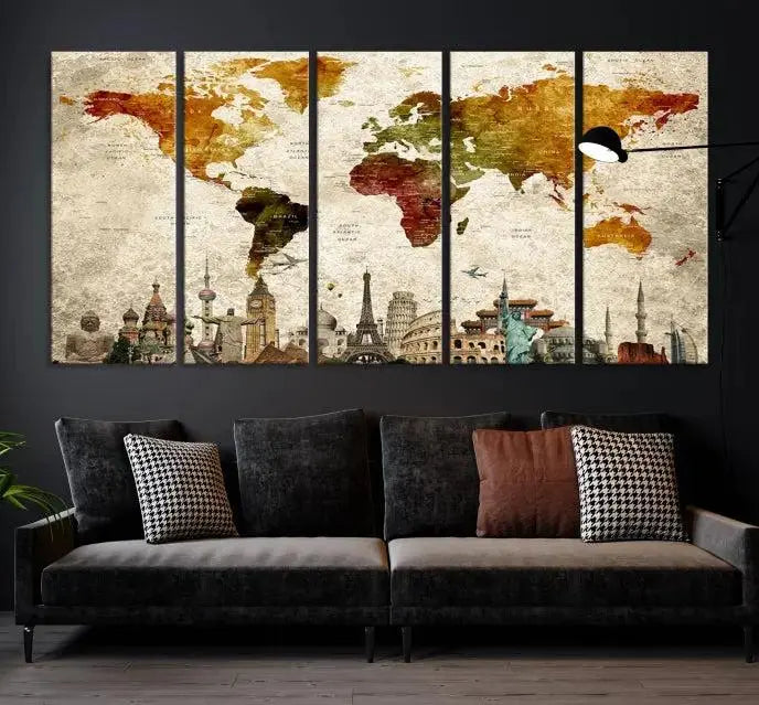 The wall is adorned with a gallery of Modern World Map Wall Art Canvas Prints, wrapped on museum-quality canvas showcasing iconic landmarks. This piece is finished with a UV-protective coating to ensure lasting brilliance.