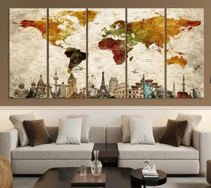 The wall is adorned with a gallery of Modern World Map Wall Art Canvas Prints, wrapped on museum-quality canvas showcasing iconic landmarks. This piece is finished with a UV-protective coating to ensure lasting brilliance.