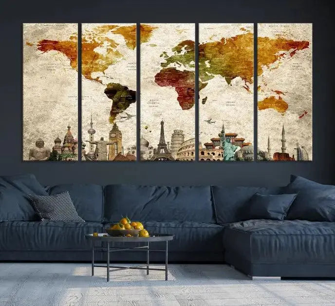 The wall is adorned with a gallery of Modern World Map Wall Art Canvas Prints, wrapped on museum-quality canvas showcasing iconic landmarks. This piece is finished with a UV-protective coating to ensure lasting brilliance.