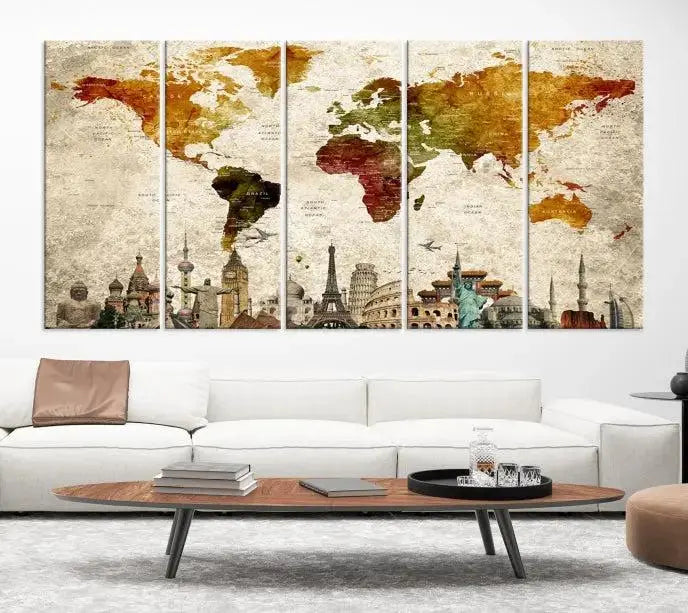 The wall is adorned with a gallery of Modern World Map Wall Art Canvas Prints, wrapped on museum-quality canvas showcasing iconic landmarks. This piece is finished with a UV-protective coating to ensure lasting brilliance.