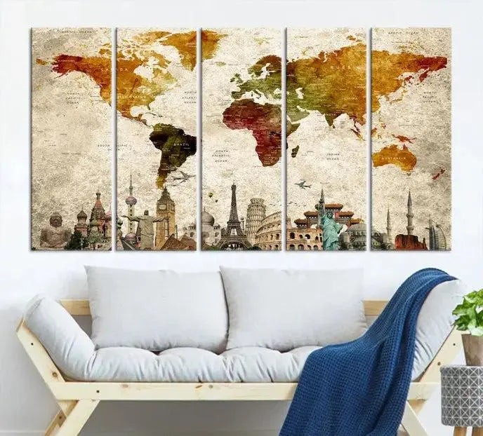 The wall is adorned with a gallery of Modern World Map Wall Art Canvas Prints, wrapped on museum-quality canvas showcasing iconic landmarks. This piece is finished with a UV-protective coating to ensure lasting brilliance.