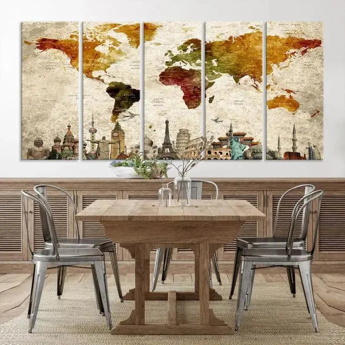 The wall is adorned with a gallery of Modern World Map Wall Art Canvas Prints, wrapped on museum-quality canvas showcasing iconic landmarks. This piece is finished with a UV-protective coating to ensure lasting brilliance.