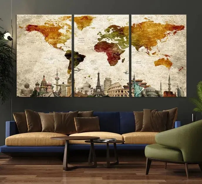 The wall is adorned with a gallery of Modern World Map Wall Art Canvas Prints, wrapped on museum-quality canvas showcasing iconic landmarks. This piece is finished with a UV-protective coating to ensure lasting brilliance.