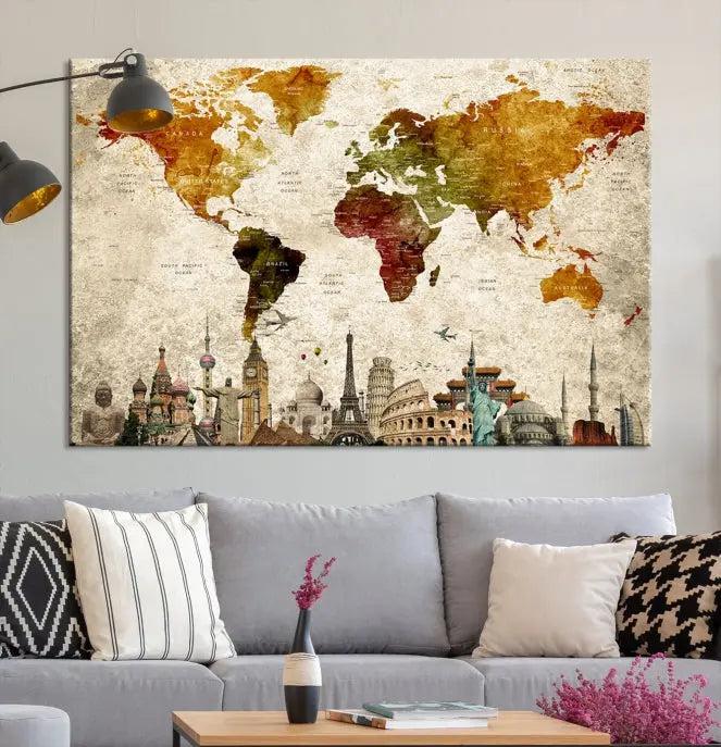 The wall is adorned with a gallery of Modern World Map Wall Art Canvas Prints, wrapped on museum-quality canvas showcasing iconic landmarks. This piece is finished with a UV-protective coating to ensure lasting brilliance.