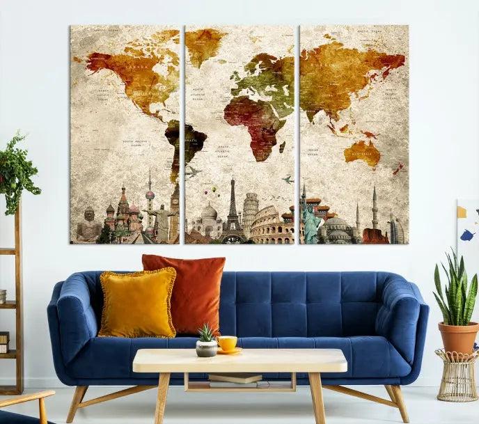 The wall is adorned with a gallery of Modern World Map Wall Art Canvas Prints, wrapped on museum-quality canvas showcasing iconic landmarks. This piece is finished with a UV-protective coating to ensure lasting brilliance.