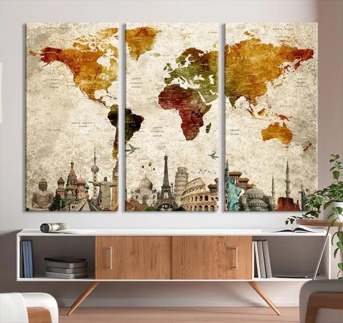 The wall is adorned with a gallery of Modern World Map Wall Art Canvas Prints, wrapped on museum-quality canvas showcasing iconic landmarks. This piece is finished with a UV-protective coating to ensure lasting brilliance.