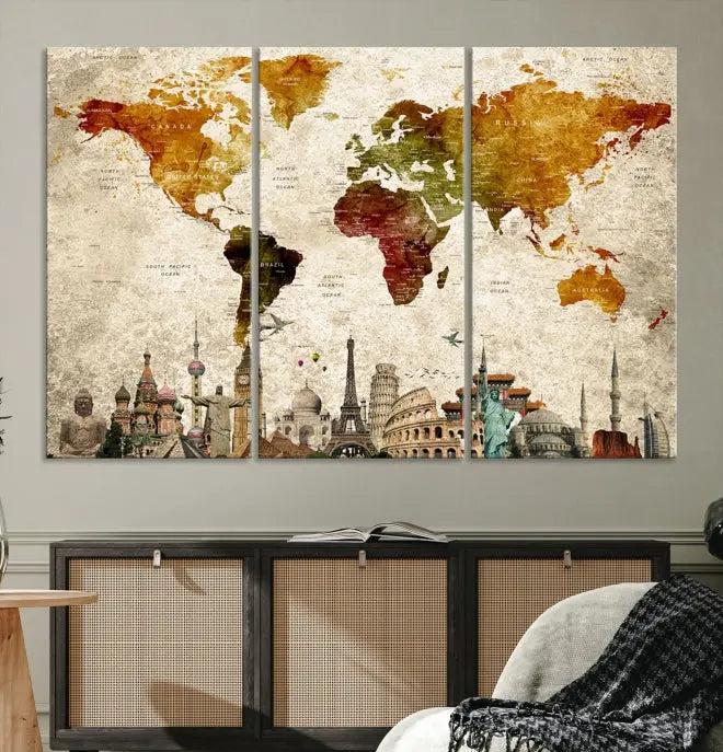 The wall is adorned with a gallery of Modern World Map Wall Art Canvas Prints, wrapped on museum-quality canvas showcasing iconic landmarks. This piece is finished with a UV-protective coating to ensure lasting brilliance.