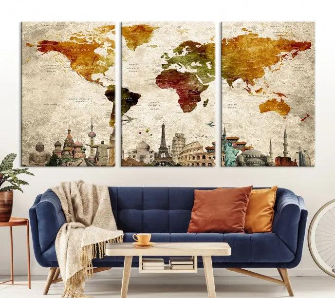 The wall is adorned with a gallery of Modern World Map Wall Art Canvas Prints, wrapped on museum-quality canvas showcasing iconic landmarks. This piece is finished with a UV-protective coating to ensure lasting brilliance.