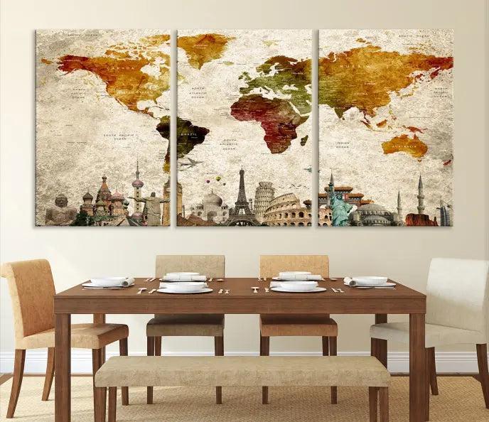 The wall is adorned with a gallery of Modern World Map Wall Art Canvas Prints, wrapped on museum-quality canvas showcasing iconic landmarks. This piece is finished with a UV-protective coating to ensure lasting brilliance.