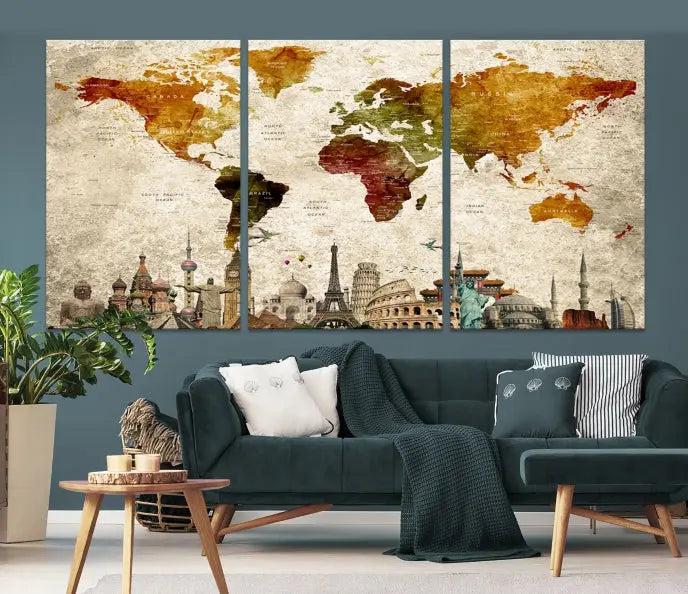 The wall is adorned with a gallery of Modern World Map Wall Art Canvas Prints, wrapped on museum-quality canvas showcasing iconic landmarks. This piece is finished with a UV-protective coating to ensure lasting brilliance.