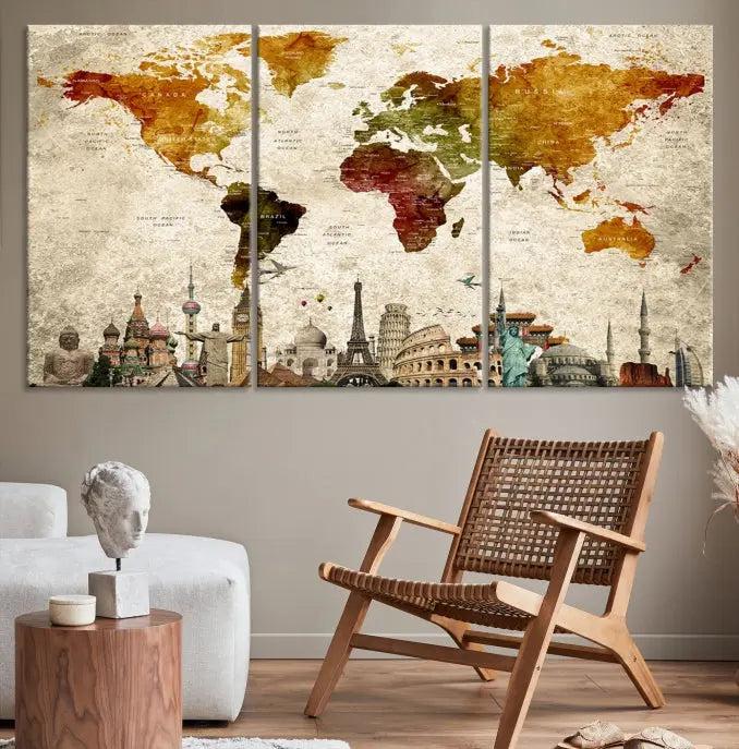 The wall is adorned with a gallery of Modern World Map Wall Art Canvas Prints, wrapped on museum-quality canvas showcasing iconic landmarks. This piece is finished with a UV-protective coating to ensure lasting brilliance.