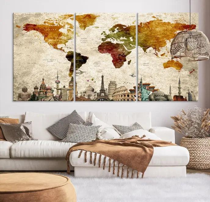 The wall is adorned with a gallery of Modern World Map Wall Art Canvas Prints, wrapped on museum-quality canvas showcasing iconic landmarks. This piece is finished with a UV-protective coating to ensure lasting brilliance.