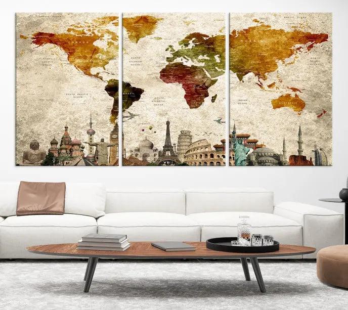 The wall is adorned with a gallery of Modern World Map Wall Art Canvas Prints, wrapped on museum-quality canvas showcasing iconic landmarks. This piece is finished with a UV-protective coating to ensure lasting brilliance.