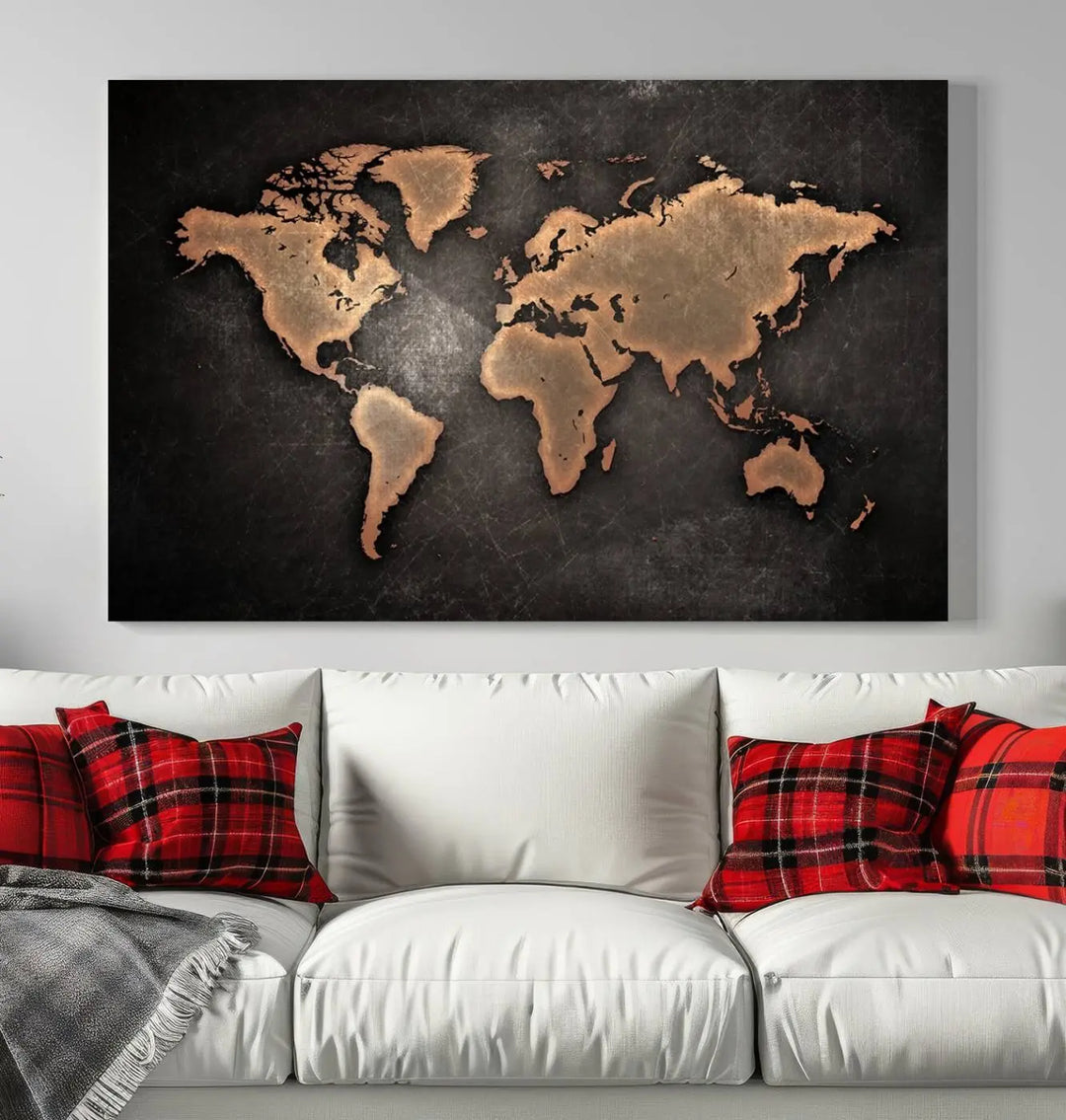 The Modern World Map on Metallic Black Background Canvas Print, a museum-quality, gallery-wrapped canvas, hangs elegantly, adding sophistication and luxury with its bronze tones on a dark backdrop.