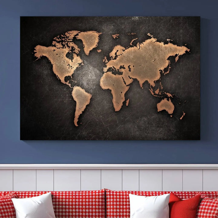 The Modern World Map on Metallic Black Background Canvas Print, a museum-quality, gallery-wrapped canvas, hangs elegantly, adding sophistication and luxury with its bronze tones on a dark backdrop.