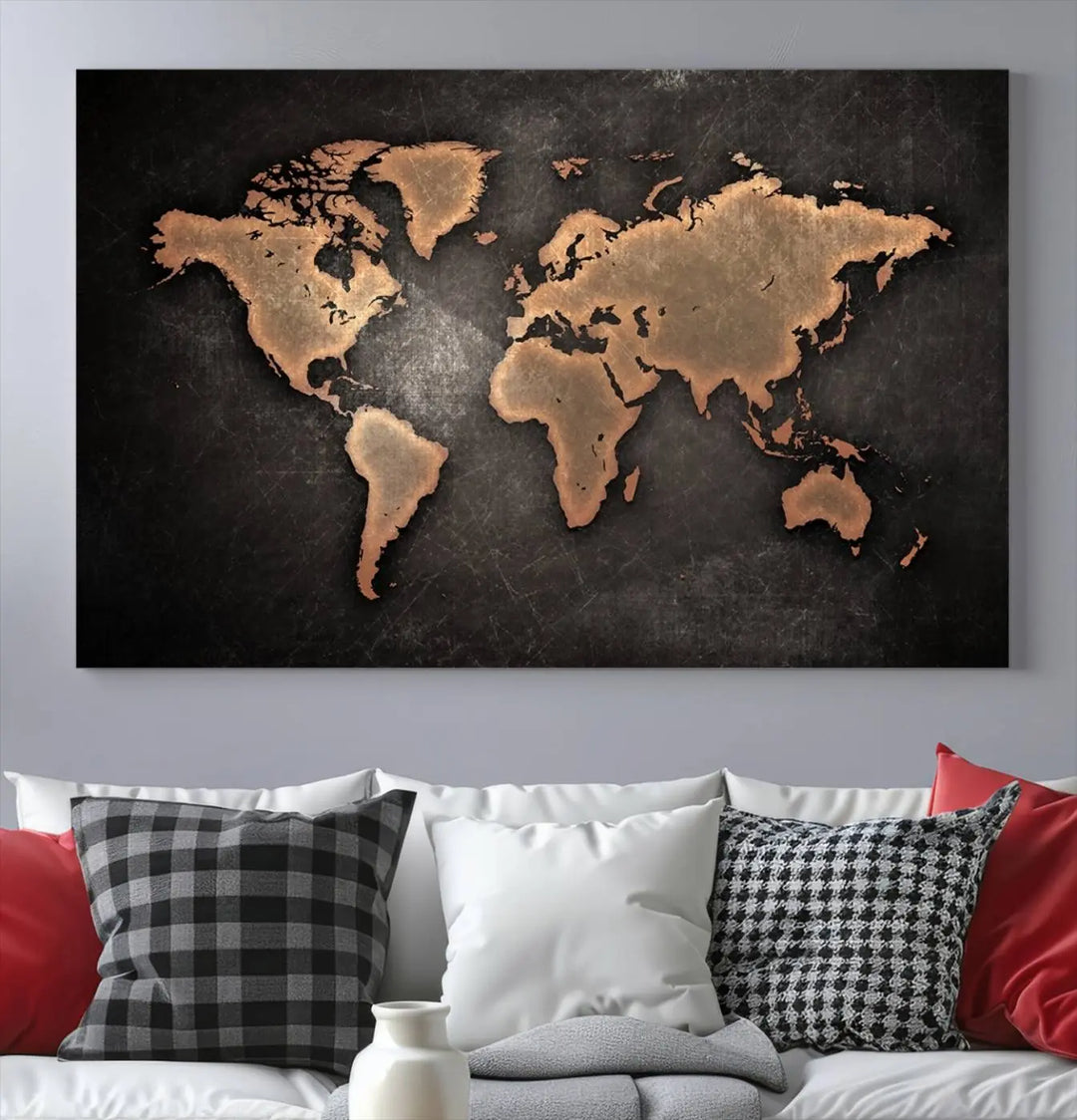 The Modern World Map on Metallic Black Background Canvas Print, a museum-quality, gallery-wrapped canvas, hangs elegantly, adding sophistication and luxury with its bronze tones on a dark backdrop.