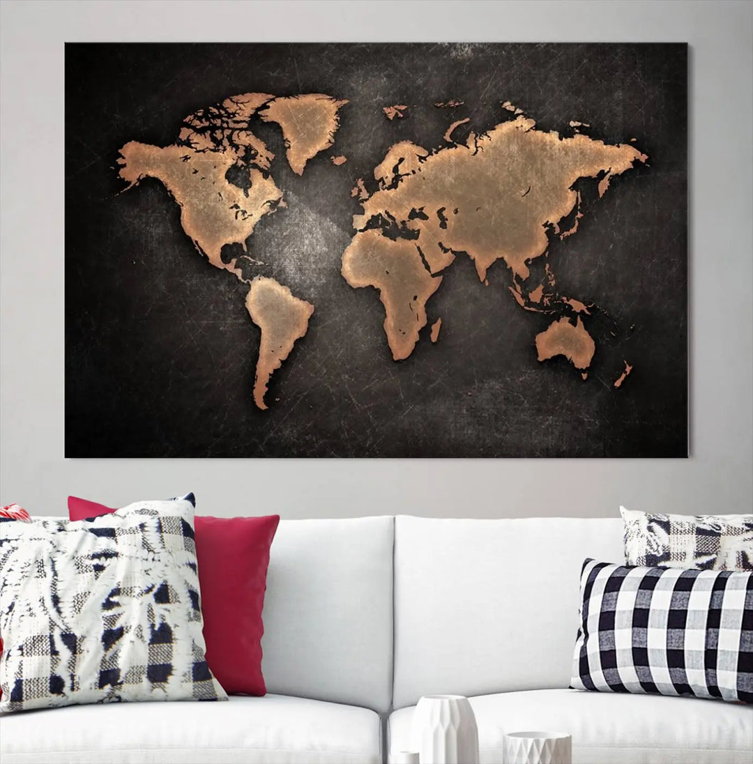 The Modern World Map on Metallic Black Background Canvas Print, a museum-quality, gallery-wrapped canvas, hangs elegantly, adding sophistication and luxury with its bronze tones on a dark backdrop.