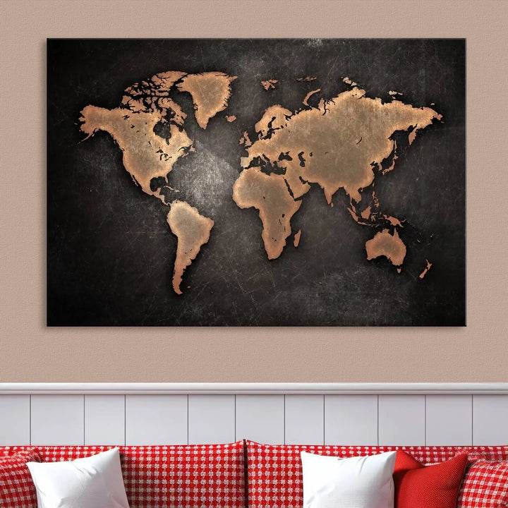 The Modern World Map on Metallic Black Background Canvas Print, a museum-quality, gallery-wrapped canvas, hangs elegantly, adding sophistication and luxury with its bronze tones on a dark backdrop.