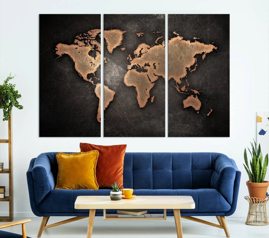 The Modern World Map on Metallic Black Background Canvas Print, a museum-quality, gallery-wrapped canvas, hangs elegantly, adding sophistication and luxury with its bronze tones on a dark backdrop.